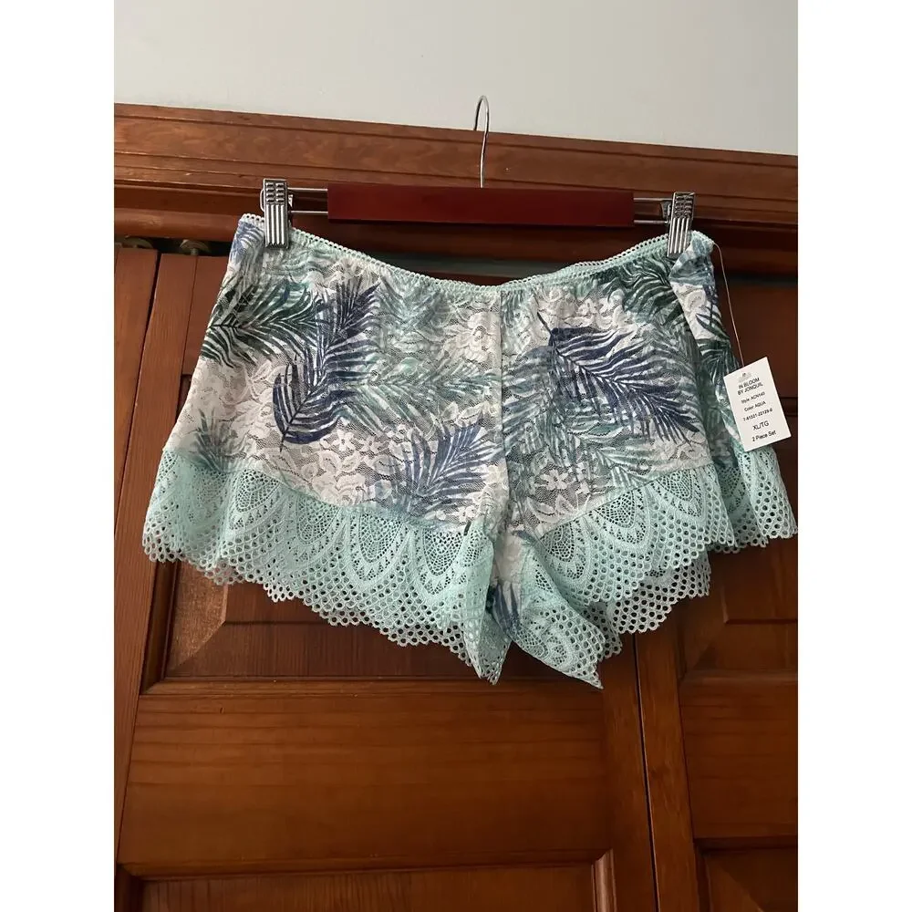NWT In Bloom by Jonquil Women's Lace Cami & Shorts Pajama Set Aqua Palm Size XL